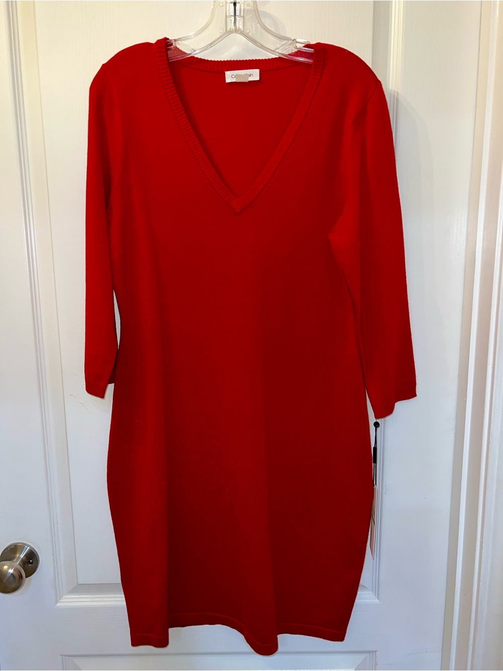 Calvin Klein Red Knit V-Neck Dress